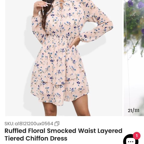 ruffled floral smocked waist tiered chiffon dress - Picture 5 of 5